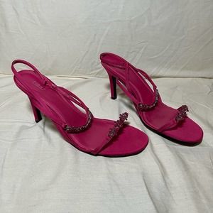 Fioni Fuchia Pink Satin Rhinestone Flower Strappy Sandals size 8